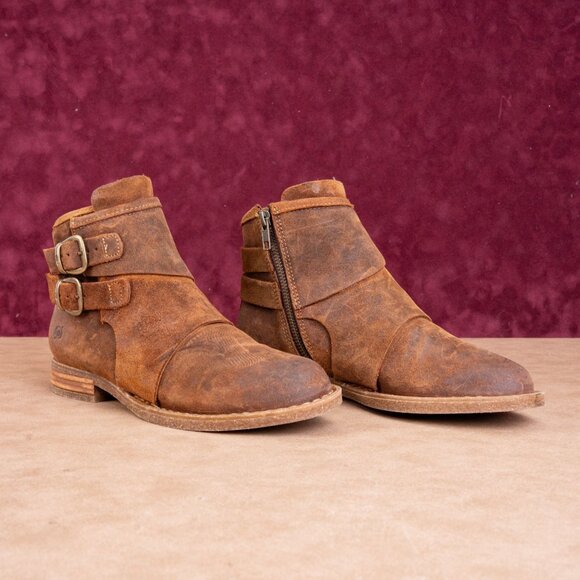 Born Women Moraga Brown Distress Suede Double Buckle Zip Ankle Boots sz 7.5 - Picture 1 of 8
